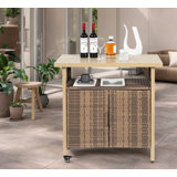 Outdoor Wicker Bar Cart, Patio Wine Serving Cart w/Wheels, Rolling Rattan Beverage Bar Counter Table w/Glass Top for Porch Backyard Garden Poolside Party, Brown